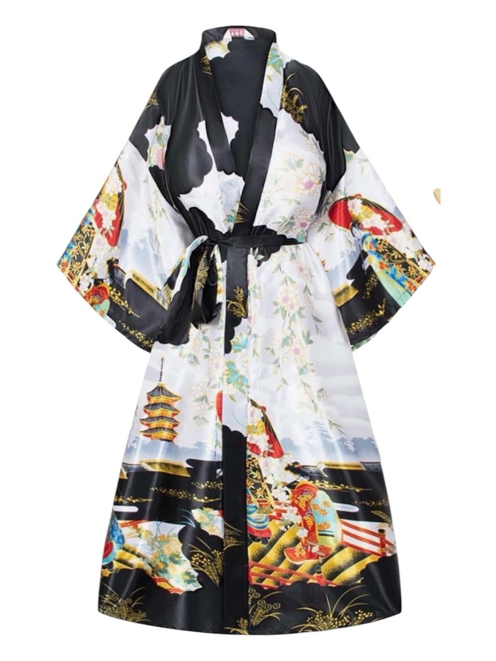 Floral & Geisha Satin Kimono Robe in Black and White Plus Size 4XL / 5XL